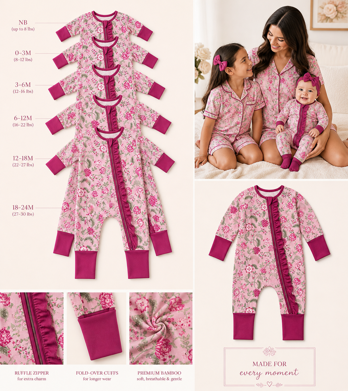 Burgandy Floral Baby Bamboo Pajama