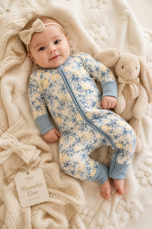 Blue Yellow Lemons Baby Bamboo Pajamas