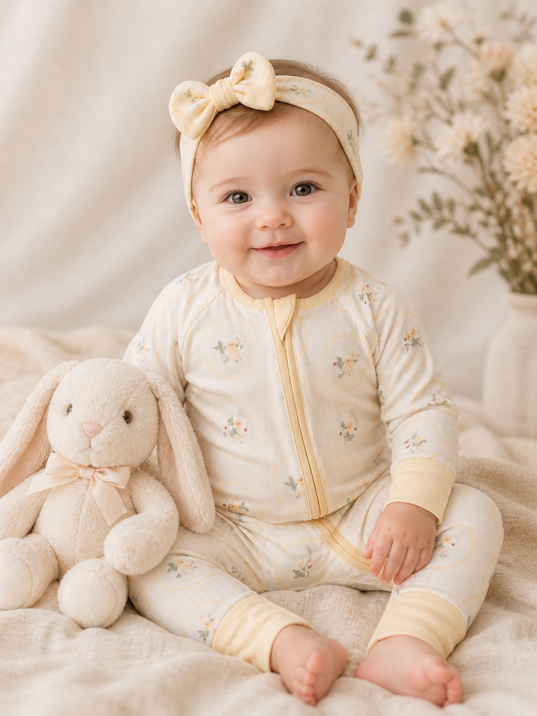 Baby wearing Sunshine Chick bamboo pajama with bunny
