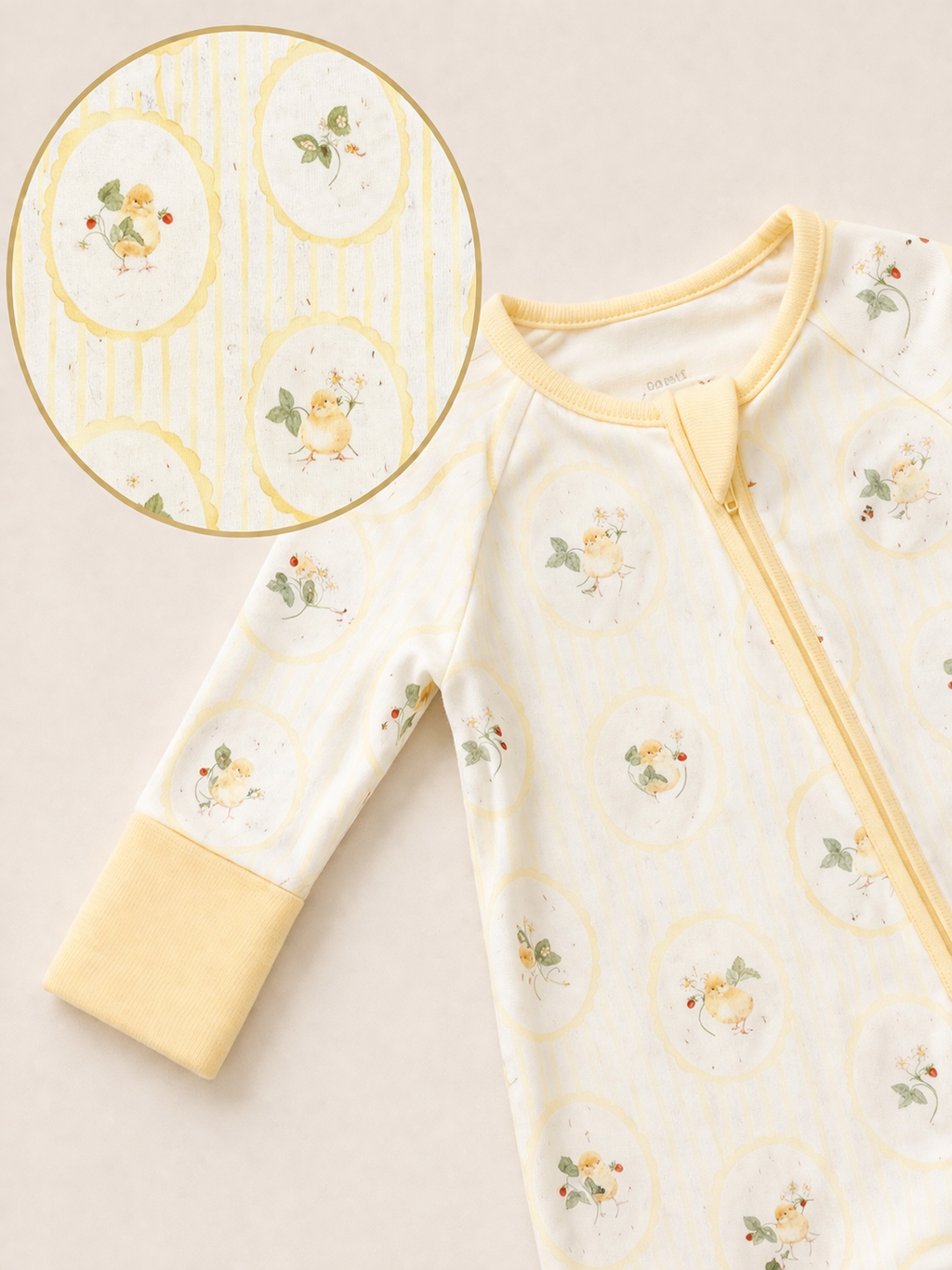 Sunshine Chick bamboo pajama print and zipper detail