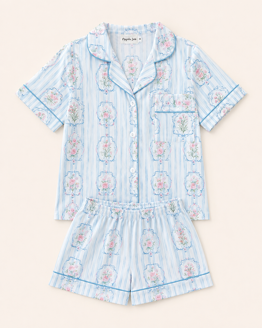 Striped Blue Floral Adult Two piece Pajama