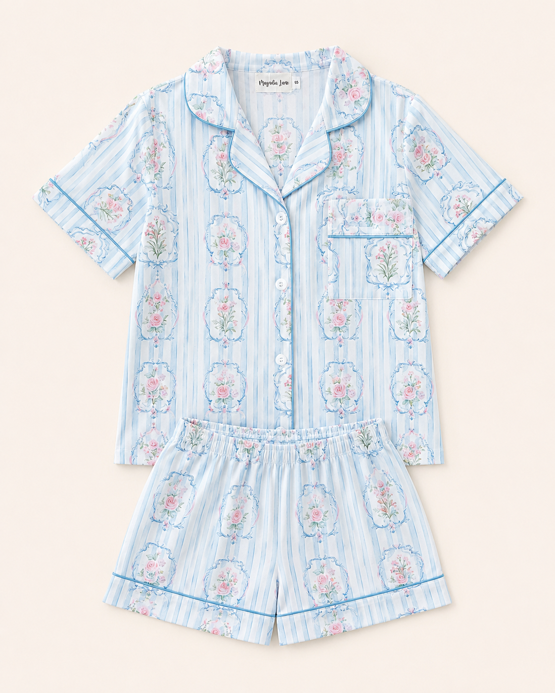 Striped Blue Floral Adult Two piece Pajama